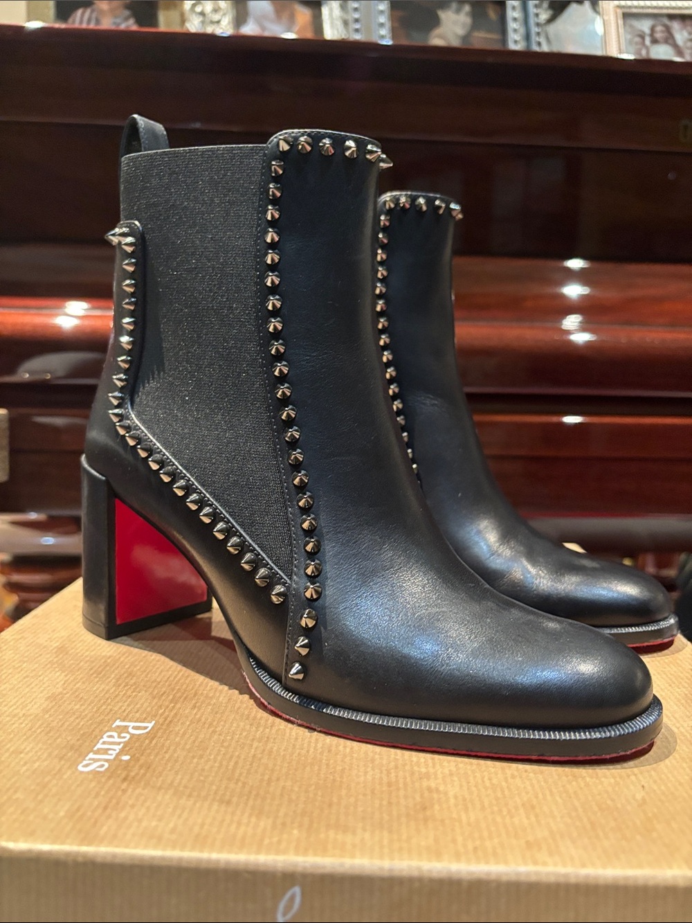 Authentic Christian Louboutin Black Studded Leather Ankle Boots with Red Soles